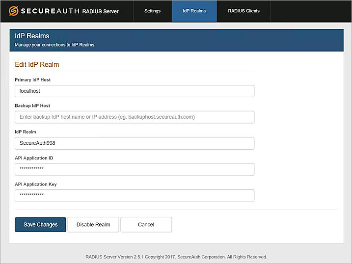  Screenshot of the SecureAuth RADIUS Server Settings, Edit IdP Realms dialog box